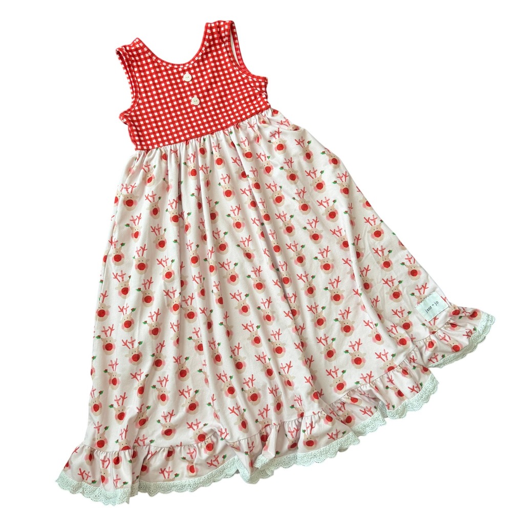 Jane + Jo Kids‎ Red Gingham Reindeer Christmas Holiday Ruffle Maxi Lounge